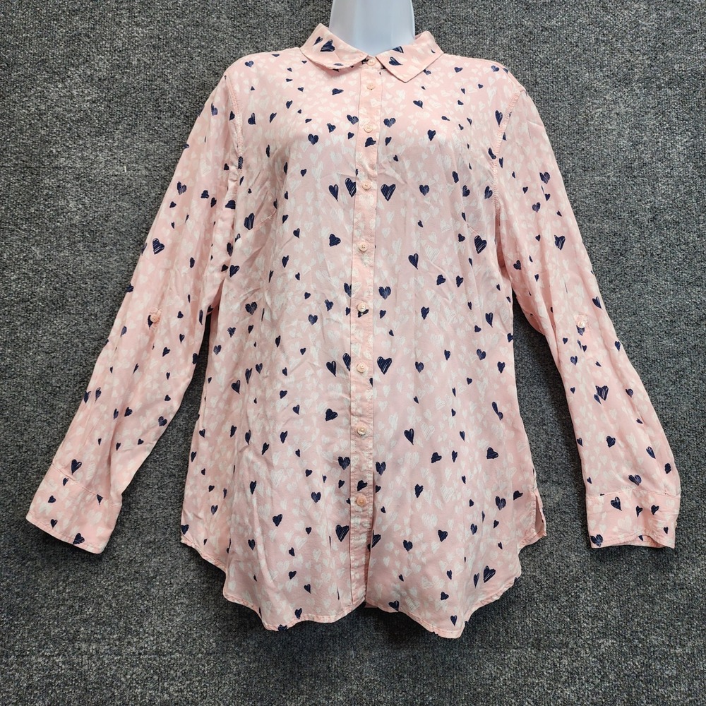 Talbots Womens Pink Navy Heart Print Rayon Preppy Romantic Button Down Shirt XL